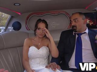 VIP4K. Excited lassie in wedding dress fools around not with future hubby