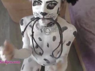 Perky lady In Dalmatian Costume Playfully Rides Cavalier's Big cock
