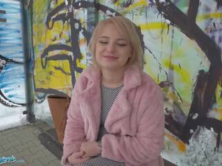 Public Agent amatuer teen with short blonde hair chatted up at busstop and taken to basement to get fucked by big member